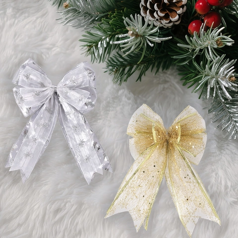 Große Weihnachtsbaum Schleifen Gold Silber Glitzer Netz Schleifen Mit Schneeflocken Muster Für Festliche Feiertage Deko