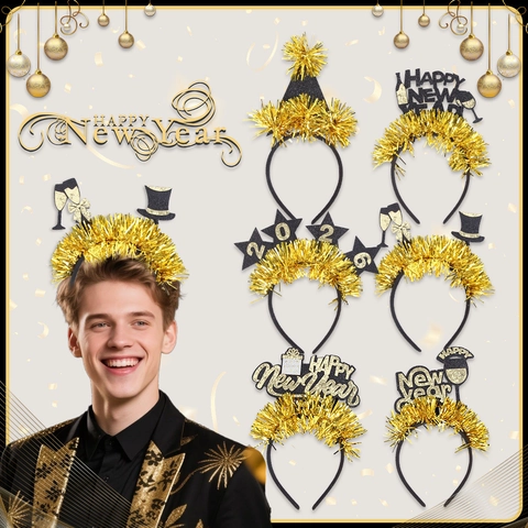 2026 Happy New Year Haarreif Schwarz Gold Party Kopfschmuck Mit Lametta Glitzer Sterne Zylinder Champagner Für Silvester Feier