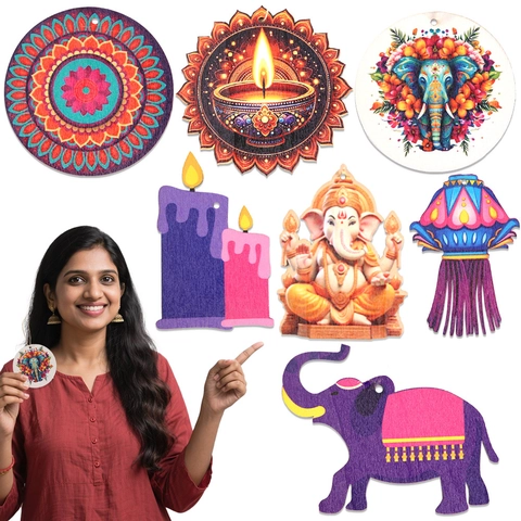 Diwali Holz Hängende Anhänger Elefant Mandala Diya Muster Indisches Festival Thema DIY Holz Party Dekoration Ornamente