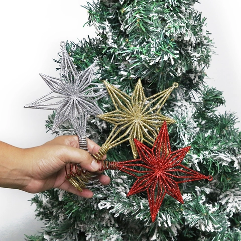 Christmas Tree Topper Star Glitter Hollow Eight Pointed Star Ornaments For Holiday Party Decoration Gold Silver Red Tree Top Star