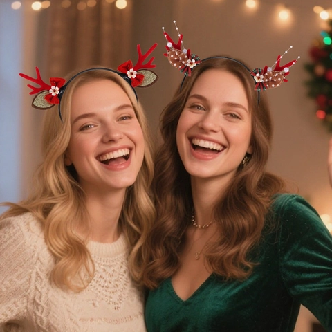 Weihnachten Rentiergeweih Haarreif Mit Karo-Schleife Künstliche Blumen Perlen Dekor Für Feiertag Party Foto Requisiten Damen Mädchen Kopfschmuck