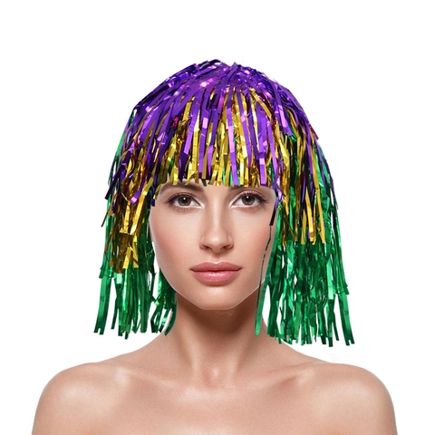 Mardi Gras Carnaval Tinsel Pruik Paars Goud Groen Metallic Folie Franjes Bob Kapsel Kostuum Accessoire Voor Festival Feest Decoratie