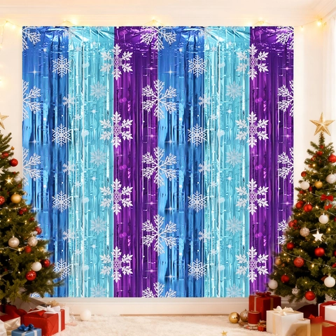 Sneeuwvlok Bedrukt Metallic Folie Franje Gordijn Blauw Paars Gespleten Kerstmis Feest Achtergrond Tinsel Gordijn Decoratie
