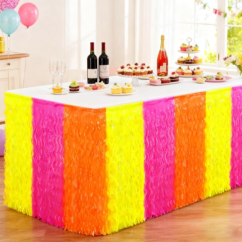 Faldón de Mesa de Neón Fluorescente de Patchwork PET Flecos Cortina de Mesa Ondulada para Disco Glow Party Cumpleaños Decoración