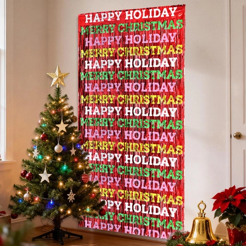 Roter Weihnachten Lamettavorhang Bedruckt Merry Christmas Happy Holiday PET Folie Hintergrund Für Xmas Party Dekoration