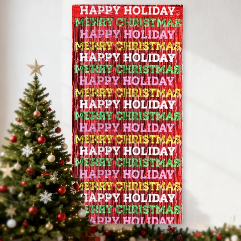 Roter Weihnachten Lamettavorhang Bedruckt Merry Christmas Happy Holiday PET Folie Hintergrund Für Xmas Party Dekoration