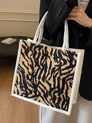 Fashion Canvas Tote Bag Large Capacity Checkerboard Zebra Print Shoulder Handbag For Women Casual School Commute