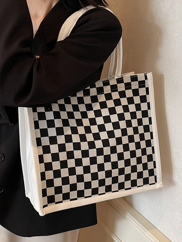 Bolso Tote de Lona a la Moda Gran Capacidad Cuadros Cebra Estampado Bolso de Hombro para Mujer Casual Escuela Diario