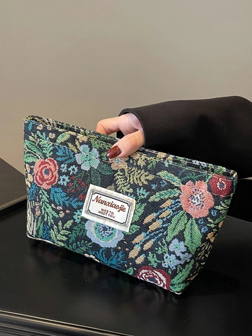 Vintage Segeltuch Kosmetiktasche Mit Blumenmuster Für Damen Tragbare Make-up Organizer Reisen Kulturbeutel Jacquard Muster