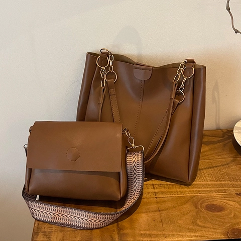 Ensemble de 2 Sacs Cabas Mode Femme en Cuir PU Grande Capacité Sac à Main à Bandoulière avec Large Sangle Tissée Géométrique