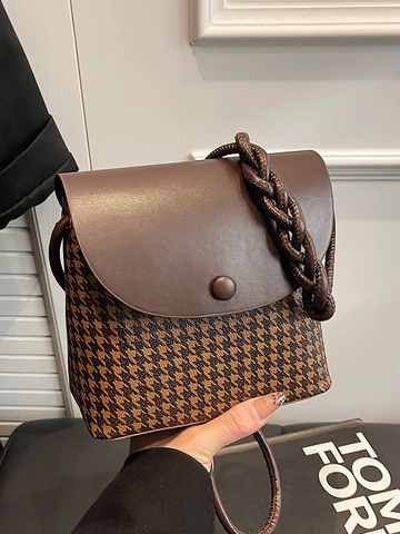 Vintage Hahnentritt PU Leder Schultertasche Für Damen Retro Umhängetasche Mode Messenger Bag Mit Überschlag Magnetverschluss