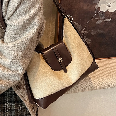 Dames Vintage Grote Capaciteit Suède PU Leer Hobo Schoudertas Commuter Draagtas Rugzak Met Contrast Stiksel Retro Casual Top-handtas