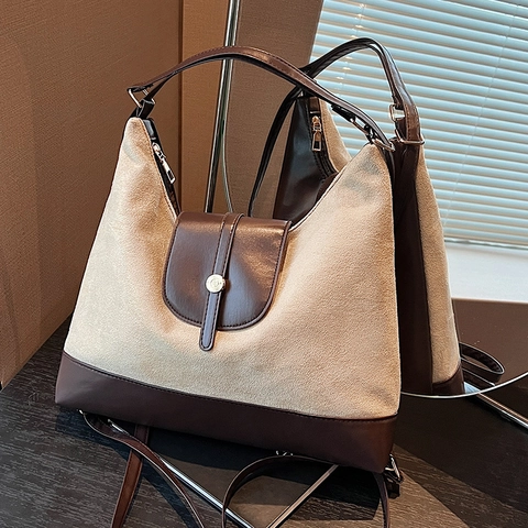 Dames Vintage Grote Capaciteit Suède PU Leer Hobo Schoudertas Commuter Draagtas Rugzak Met Contrast Stiksel Retro Casual Top-handtas