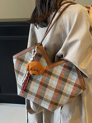 Large Capacity Plaid Tote Bag For Women Retro Casual PU Shoulder Bag With Dog Pendant Autumn Fashion Grid Handbag