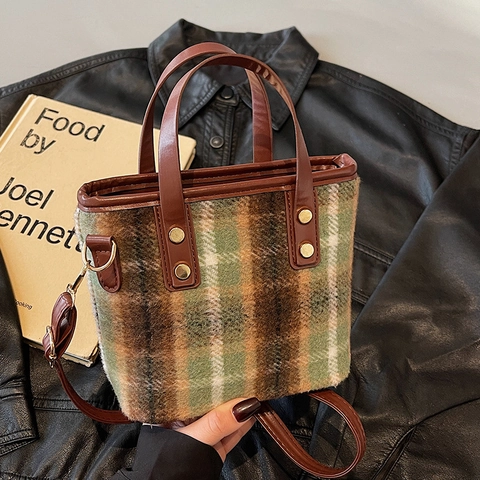 Vintage Karierte Wollene Beuteltasche Damen Modische PU Leder Patchwork Umhängetasche Handtasche Tote Pendeln Reisen