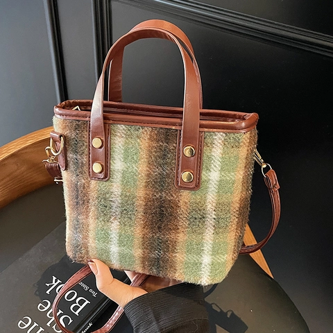 Vintage Karierte Wollene Beuteltasche Damen Modische PU Leder Patchwork Umhängetasche Handtasche Tote Pendeln Reisen