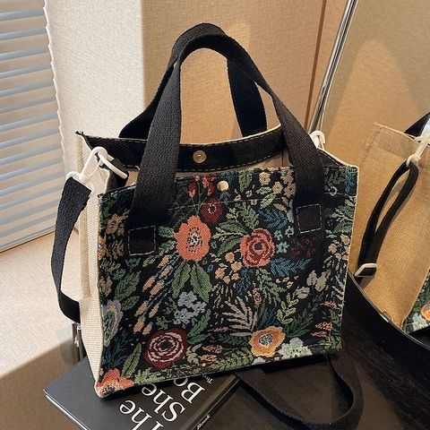 Women Vintage Floral Jacquard Tote Bag Retro Literary Style Cotton Linen Shoulder Handbag Large Capacity Crossbody Bag
