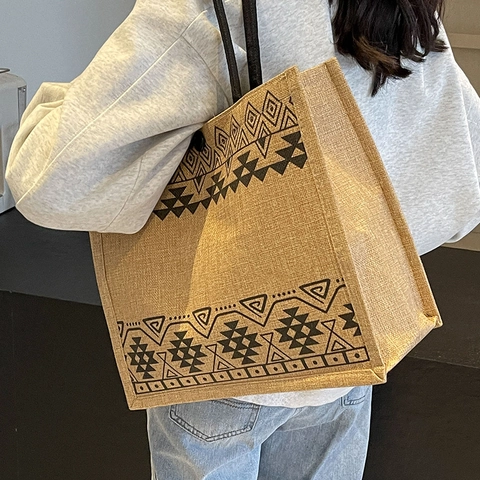 Große Kapazität Jute Shopper Für Damen Mode Ethno Geometrisch Bedruckt Schultertasche Retro Lässig Handtasche Für Den Alltag