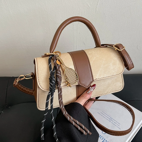Trendy Dames PU Lederen Schoudertas Kleine Kleurblok Handtas Met Tennisracket Hanger Modieuze Crossbodytas Voor Woon Werkverkeer