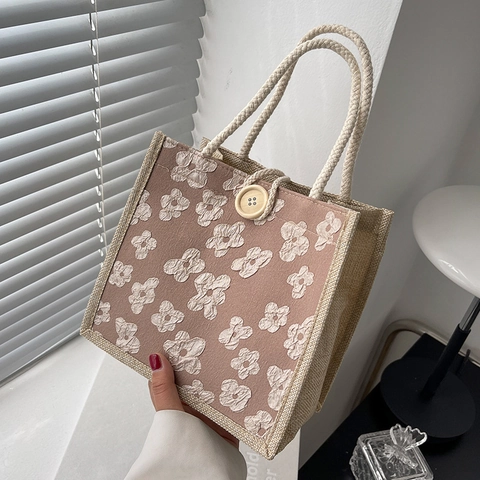 Borsa Tote da Donna in Stile Giapponese Jacquard Floreale Borsa a Mano in Cotone e Lino Con Bottone in Legno Manico in Corda Intrecciata Borsa Casual Quotidiana