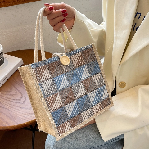 Vintage Plaid Cotton Linen Tote Bag For Women Retro Literary Small Handbag With Wooden Button Rope Handle Casual Daily Carry