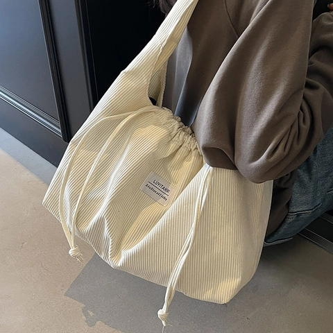 Women's Corduroy Shoulder Bag Large Capacity Tote Bag Drawstring Hobo Bag Autumn Winter Casual Commuting Handbag For Women