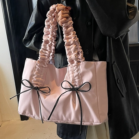 Damen Große Kapazität Nylon Tragetasche Gefalteter Griff Schleife Umhängetasche Zum Pendeln Einfache Lässige Umhängetasche