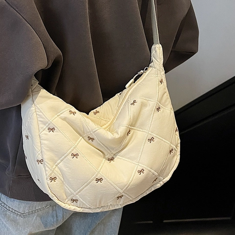 Borsa a Spalla da Donna in Cotone Trapuntato con Fiocco Hobo a Mezzaluna Borsa a Tracolla Casual Tote Bag Leggera