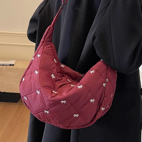 Borsa a Spalla da Donna in Cotone Trapuntato con Fiocco Hobo a Mezzaluna Borsa a Tracolla Casual Tote Bag Leggera
