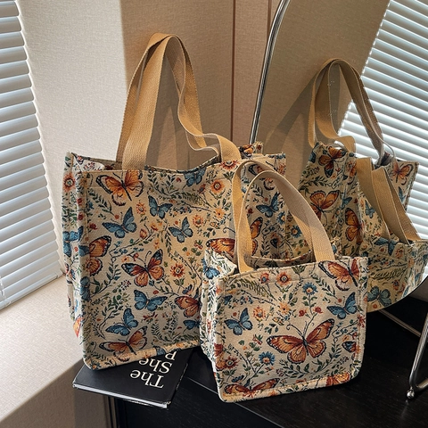 Bolso Tote de Lona con Estampado de Mariposa y Flores Vintage Gran Capacidad Bolso de Hombro Casual Retro Para Mujer Viaje
