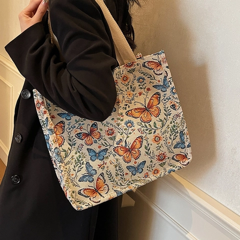 Bolso Tote de Lona con Estampado de Mariposa y Flores Vintage Gran Capacidad Bolso de Hombro Casual Retro Para Mujer Viaje