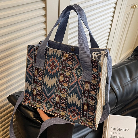 Bohemian Ethno Muster Baumwolle Leinen Gewebte Tragetasche Für Damen Mode Geometrische Umhängetasche Mit Verstellbarem Gurt