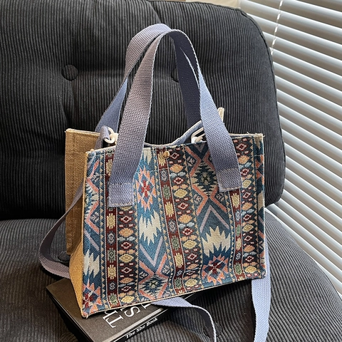 Bohemian Ethno Muster Baumwolle Leinen Gewebte Tragetasche Für Damen Mode Geometrische Umhängetasche Mit Verstellbarem Gurt