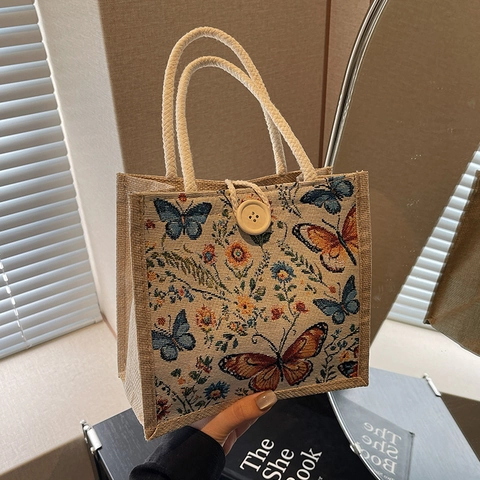 Borsa a Mano Vintage in Juta Con Stampa Floreale Farfalla Borsa Tote in Lino Retro Con Manico in Corda Bottone in Legno