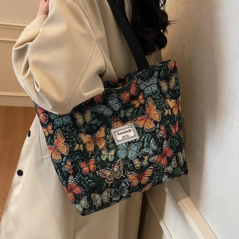 Borsa Tote Jacquard con Fiori e Farfalle Retro per Donna Borsa a Spalla in Tela a Grande Capacità Borsa a Mano Artistica Vintage