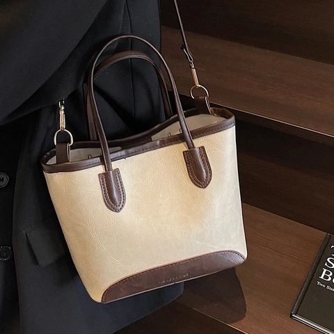 Vintage Dames PU Leer Tote Tas Contraststiksel Schoudertas Voor Woon-werkverkeer Koreaanse Stijl Magnetische Emmertas