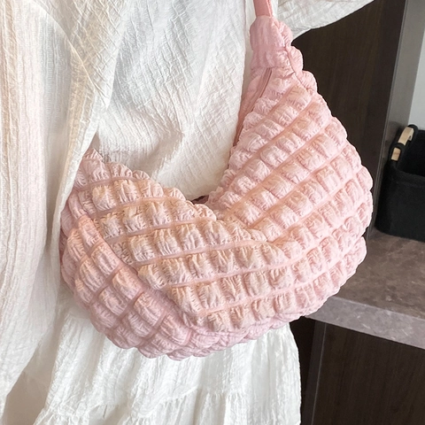 Borsa a Spalla da Donna con Texture Popcorn Morbida Borsa Hobo a Tracolla a Bolle Piegghettata Moda Tendenza di Strada