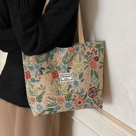 Vintage Blumendruck Jacquard Segeltuch Tote Bag Große Kapazität Damen Schulterhandtasche Retro Blumenmuster Pendler Umhängetasche