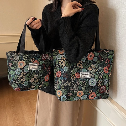 Vintage Blumendruck Jacquard Segeltuch Tote Bag Große Kapazität Damen Schulterhandtasche Retro Blumenmuster Pendler Umhängetasche