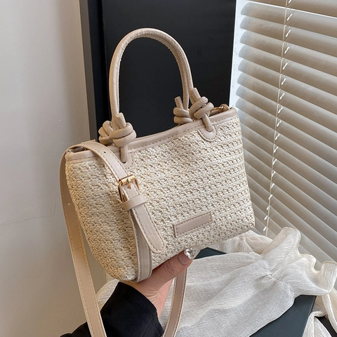 Dames Handgeweven Stro Schoudertas Met Leren Knoop Handvat Zomer Strandvakantie Crossbody Emmer Tas Casual Tote