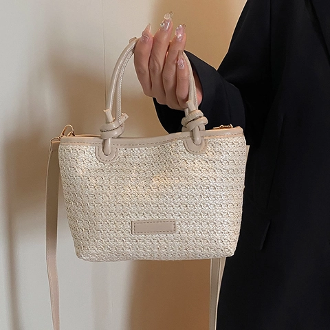 Dames Handgeweven Stro Schoudertas Met Leren Knoop Handvat Zomer Strandvakantie Crossbody Emmer Tas Casual Tote