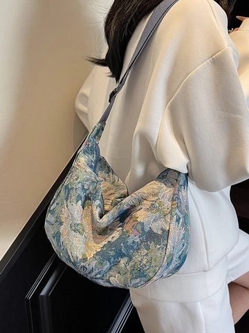 Borsa a Tracolla da Donna in Tela Jacquard Vintage a Fiori Hobo a Grande Capacità Con Tracolla Larga Regolabile College Tote
