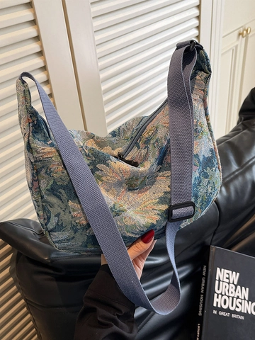 Borsa a Tracolla da Donna in Tela Jacquard Vintage a Fiori Hobo a Grande Capacità Con Tracolla Larga Regolabile College Tote