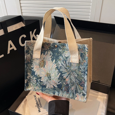 Vintage Floral Cotton Linen Tote Bag Artistic Jacquard Embroidery Women Handbag Fresh Style Handheld Casual Shopping Bag