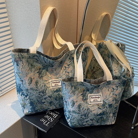 Retro Bloemen Jacquard Canvas Draagtas Voor Vrouwen Grote Capaciteit Schoudertas Met Rits Niche Literaire Handtas