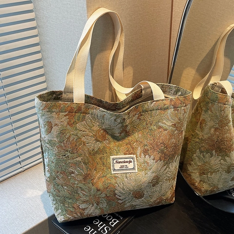 Retro Bloemen Jacquard Canvas Draagtas Voor Vrouwen Grote Capaciteit Schoudertas Met Rits Niche Literaire Handtas