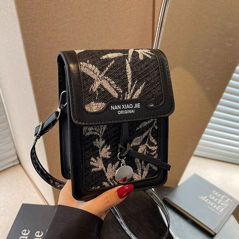 Dames Mode PU Leer Stof Patchwork Bladpatroon Schoudertas Vintage Kleine Vierkante Crossbodytas Telefoontas Voor Dames