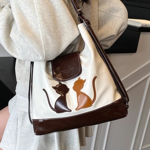 Bolso de Hombro de Moda con Patrón de Gato Color de Contraste Bolso Tote de Cuero PU de Gran Capacidad con Colgante de Béisbol