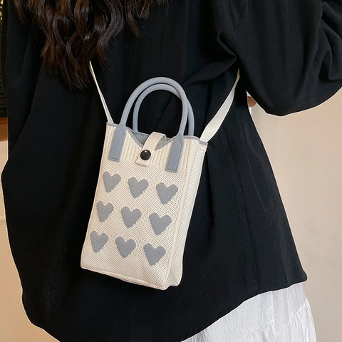 Borsa per Cellulare in Maglia con Motivo a Cuore da Donna in Cotone Intrecciato Borsa a Tracolla Piccola Borsa a Mano Moda