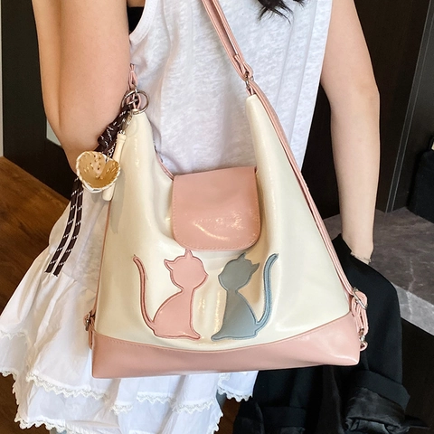 Bolso de Hombro de Moda con Patrón de Gato Color de Contraste Bolso Tote de Cuero PU de Gran Capacidad con Colgante de Béisbol